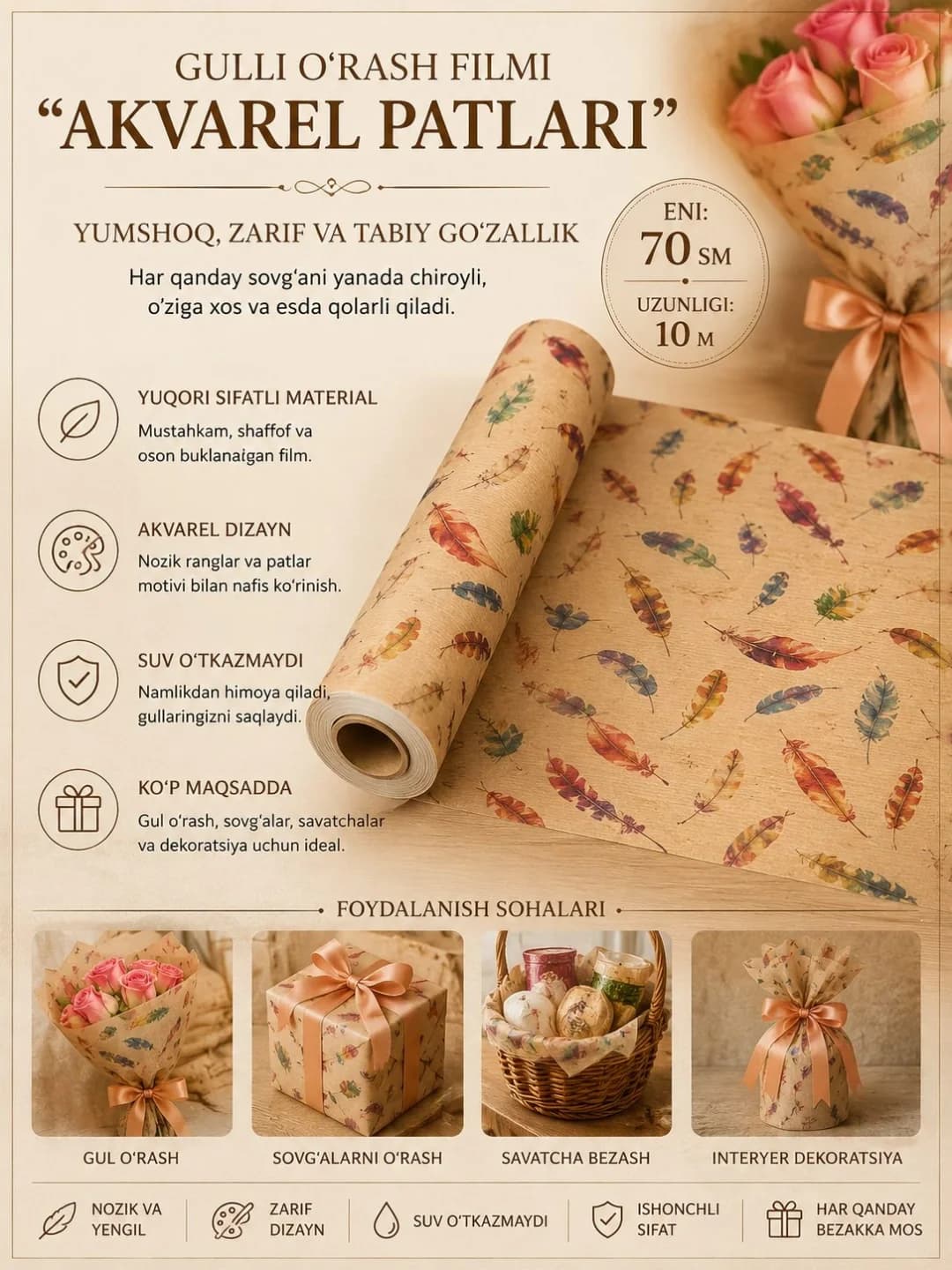Плёнка для упаковки цветов «Акварельные перья»